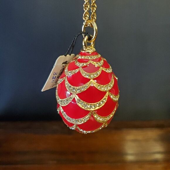 Neiman Marcus CINER Red Rhinestone Egg Pendant Necklace 38" - Picture 2 of 12